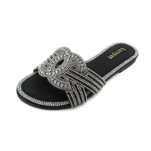 Women's Rhinestone Embellished Flat Sandals with Comfortable Sole - Elegant Design for Everyday Wear