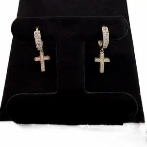 14KT Gold Hoops with Dangling Cross Sparkling CZ Stones for Women