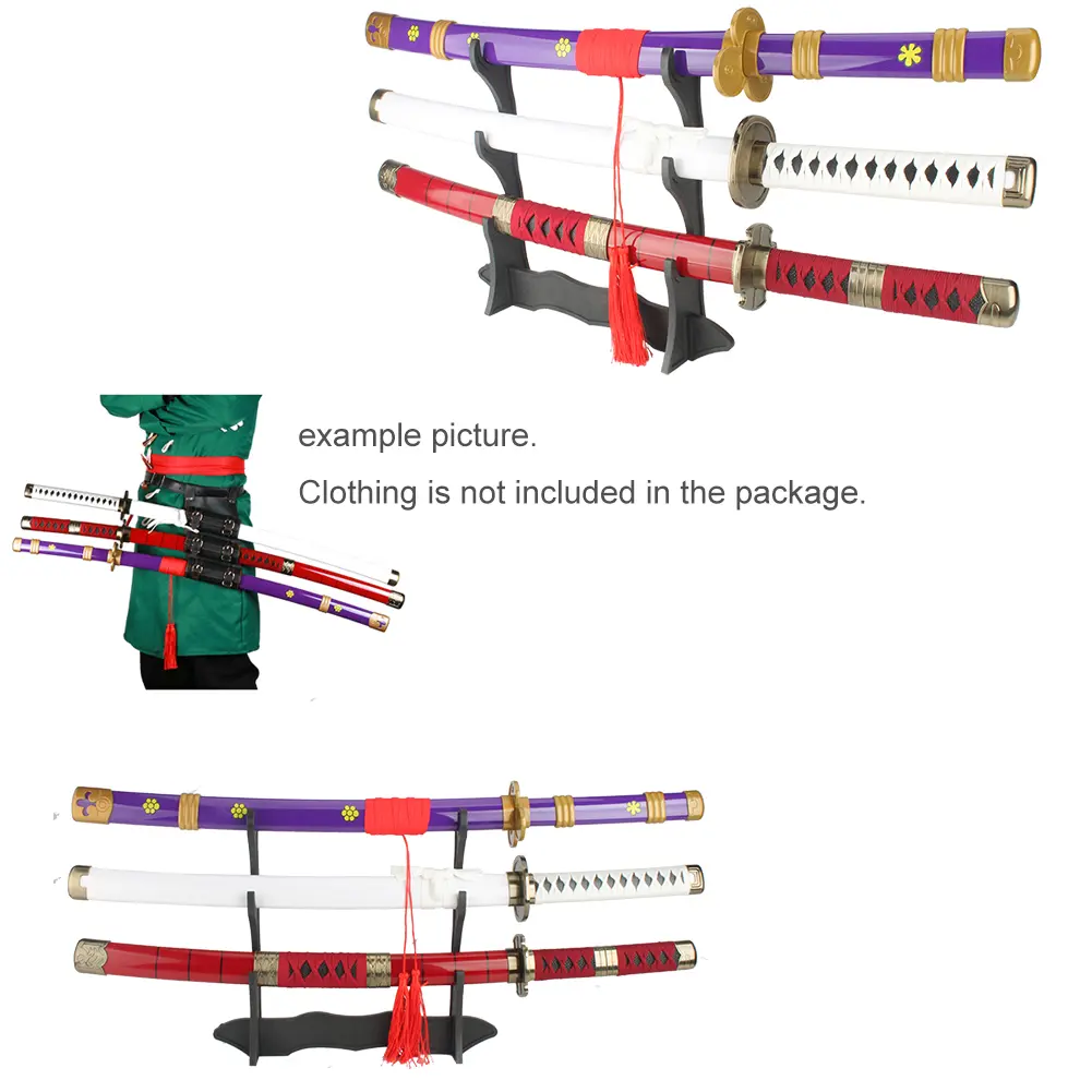 31-in Bamboo Wooden Roronoa Zoro Katana Sword Set - Yama Enma, Wado Ichimonji, Sandai Kitetsu with Belt, Holder Stand | Anime Themed Cosplay Gear, Safety Blades for Anime Fans Halloween Role Play Props Collection Gift, Unisex, Samurai Katana