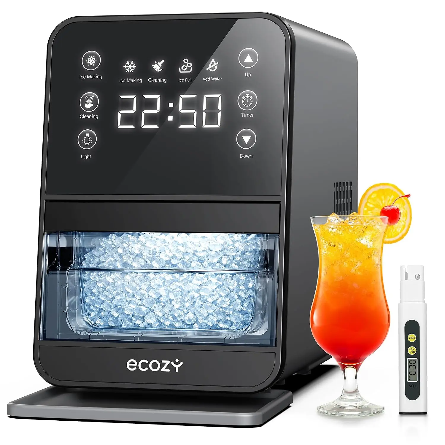 ecozy Nugget Ice Maker Countertop with Intuitive Ergonomic EcoScreen One-Touch Timer 33Lbs/24H Pull-Out Basket 3Lbs Storage Self-Cleaning Ice Machine