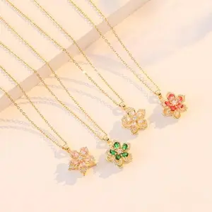 Colorful Zircon Flower Necklace - Emerald Green/Pink/Red Charm - Elegant Spring Jewelry for Women