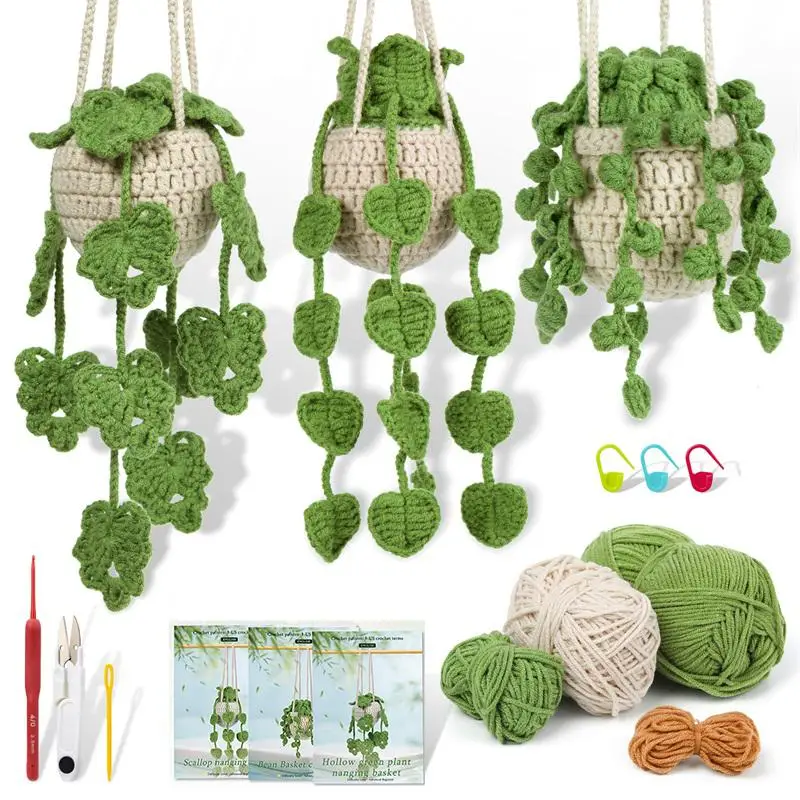 Hanging Flower Crochet Kit, 3 Counts/set Crochet Starter Kit with Step-by-Step Instructions & Video Tutorials, Complete Crochet Kit for Beginners