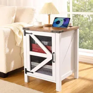 【GARVEE】Farmhouse Nightstand with Charging Station, 18" Bedside End Table Featuring Barn Mesh Door and Adjustable Shelf, Rustic White Sofa Side Table Ideal for Bedroom and Living Room