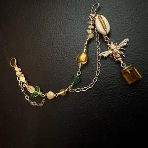 Bee Inspires Nose to Ear Chain with Cowrie Shell Dangle Earring ll Gold-Tone Beads & Honey Amethyst Charm ll Unique Jewelry Piece
