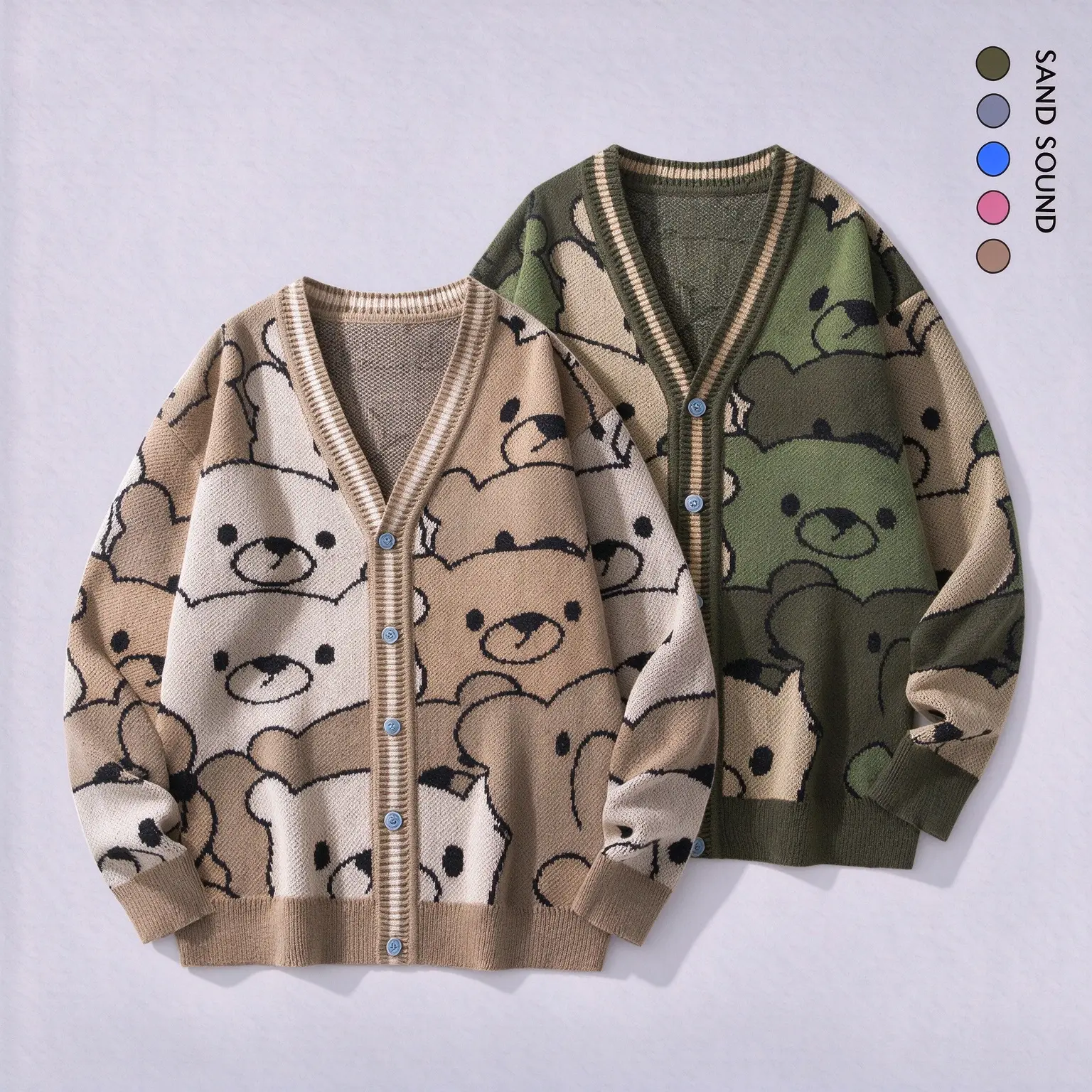 SAND SOUND Women's Beige Cute Bear Graphic Knit Sweater Cardigan - Oversized Long-Sleeve V-Neck Button-Front Japanese Style Coquette Fall Halloween Casual Knitwear Top
