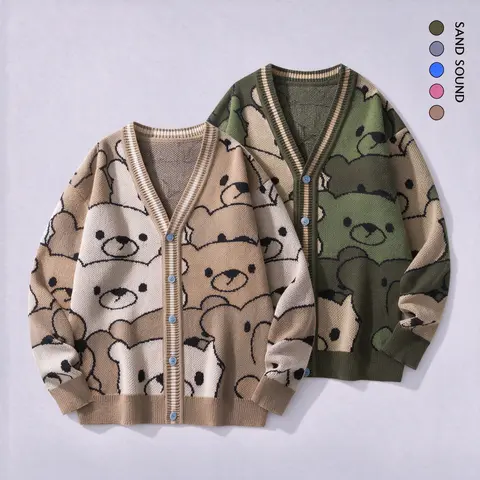 SAND SOUND Women's Beige Cute Bear Graphic Knit Sweater Cardigan - Oversized Long-Sleeve V-Neck Button-Front Japanese Style Coquette Fall Halloween Casual Knitwear Top
