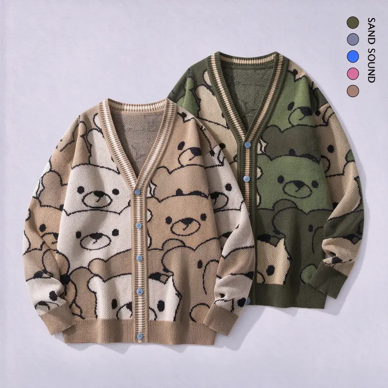 SAND SOUND Women's Beige Cute Bear Graphic Knit Sweater Cardigan - Oversized Long-Sleeve V-Neck Button-Front Japanese Style Coquette Fall Halloween Casual Knitwear Top