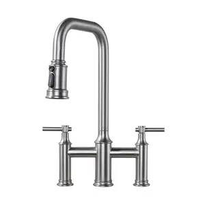 WOWOW Double Handle Bridge Kitchen Faucet with Pull-Down Spray Head, Deck Mount 3 Holes Kitchen Sink Faucet in Brushed Nickel