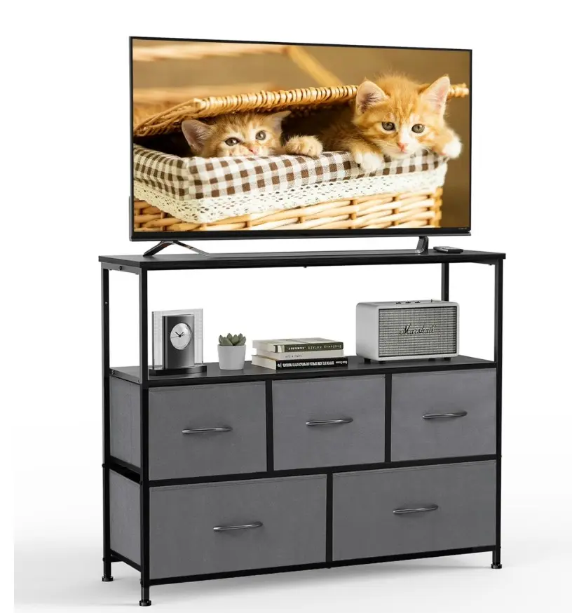 TV Stand with 5 Drawer Dresser for Bedroom, Storage Cabinet with 55 Inch TV Stand for Living Room, Gray