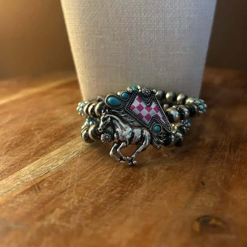 Elegant 3-Strand Stretch Bracelet with Silver Beads, Casual Women's Jewelry with Horse and Checkered Lightning Bolt Charms, Pink-White Checkered Lightning Bolt Accent, Choking Hazard Is A Small Ball, Bead Detail Bracelets & Bangles, Silver Ball Bracelets