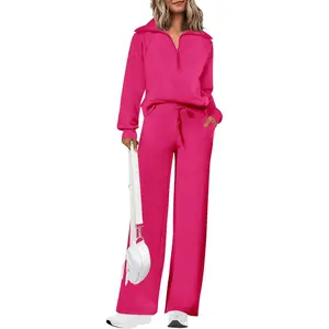 PRETTYGARDEN Women's Casual 2-Piece Tracksuit Set - Lapel Half Zip Sweatshirt and Wide Leg Pants