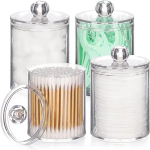 4 Pack Qtip Holder - Restroom Bathroom Organizers and Storage Containers, Clear Plastic Apothecary Jars with Lids for Cotton Ball, Cotton Swab, Cotton Round Pads, Floss