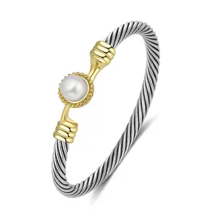 Aprilery Golden Radiance Adjustable Cuff Bracelet – Elegant Freshwater Pearl Hook Clasp Mixed Metal Bracelets Jewelry for Women