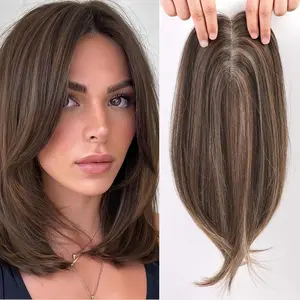 14Inch Dark Brown Highlight Hair Topper, Synthetic Hairpiece, Hair Extensions clip in Ideal for Thinning or Grey Hair, Women’s Wig for Volume & Coverage