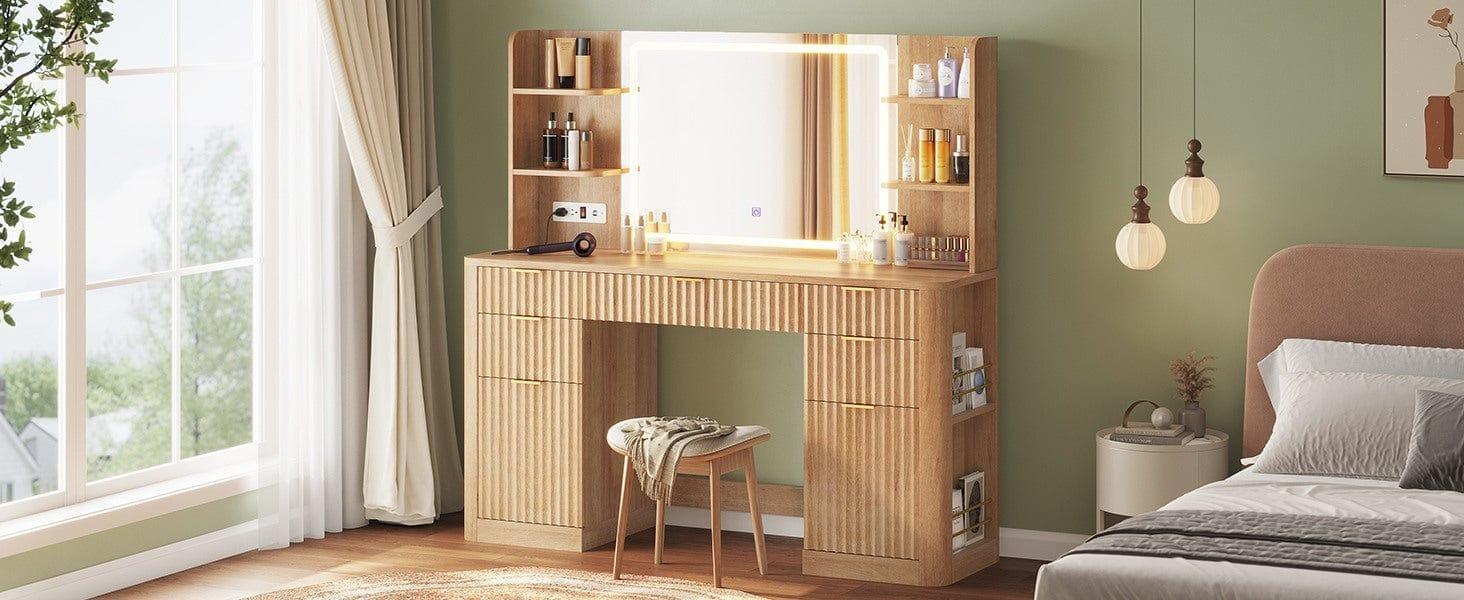 Sikaic 51.2" Fluted Makeup Vanity Desk with 30.3" Lighted Mirror, 5 Drawers, 6 Open Shelves & 2 Cabinets, Power Strip Included, Modern Oak Dressing Table with Solid Wood Legs for Bedroom