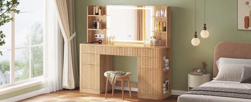 Sikaic 51.2 Inches Fluted Makeup Vanity with Mirror and Lights Modern Wood Dresser