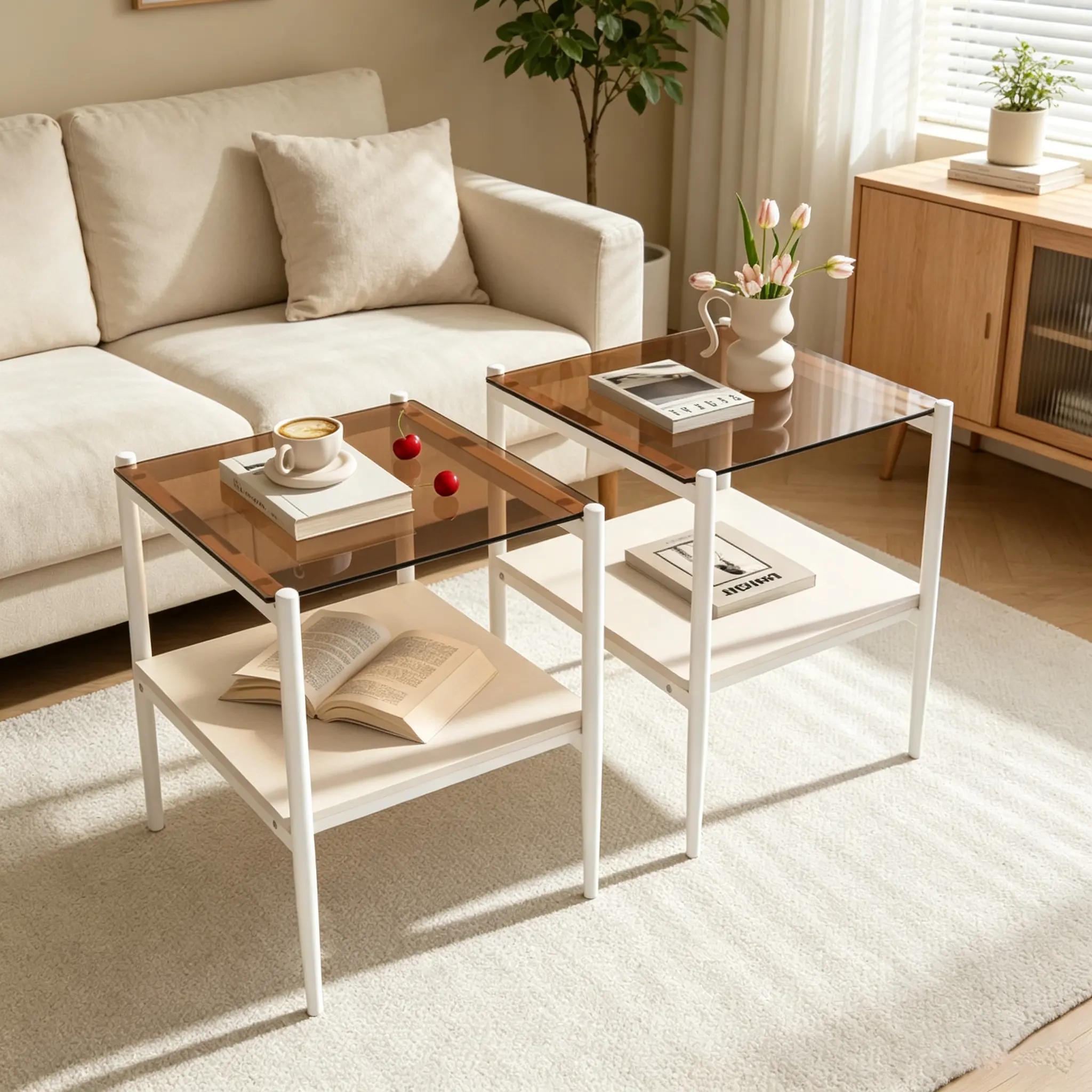 Set of 2 Rectangle End Tables with Tempered Glass Top and MDF Storage Shelf, Modern Living Room Side Tables with Sturdy Iron Legs in Multiple Color Options