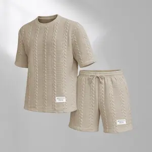 Men's Solid Color Textured Jacquard Drawstring Shorts Set, Casual Summer 2 Piece Outfit with Short Sleeve T Shirt and Shorts
