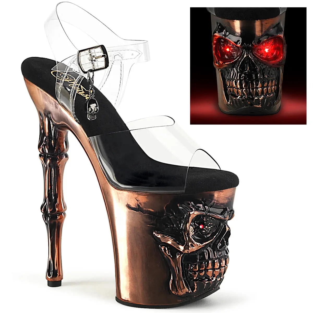 Women's High Heel Footwear, Satin Chrome Platform Sandals with a Sculpted Skull Design, an 8" Finger Bone Heel & USB Chargeable Red LED Lights with Changing Patterns, Shoe, Stylish, Night Out