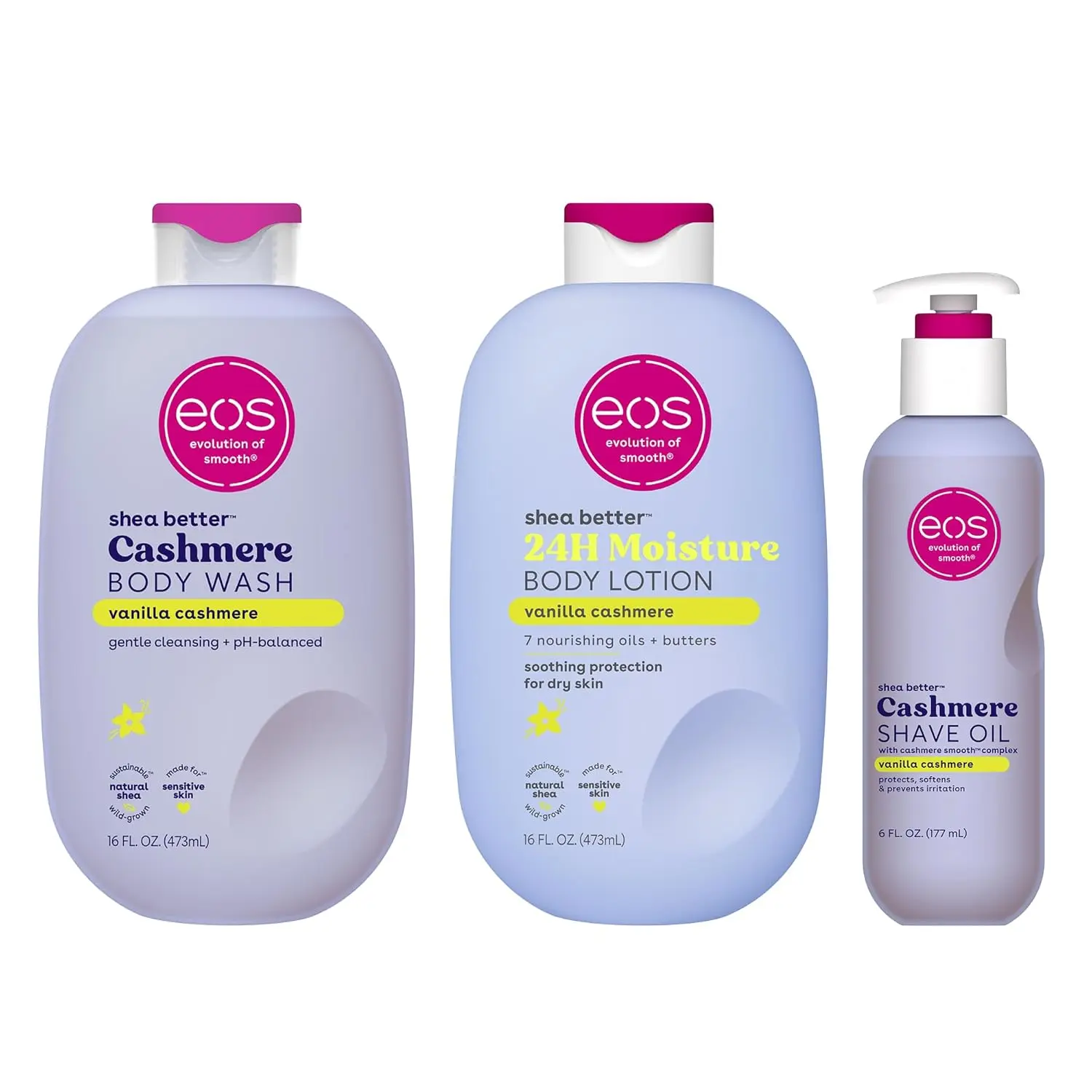 eos Shower Essentials Bundle- Body Lotion, Body Wash, Shave Oil - Vanilla Cashmere