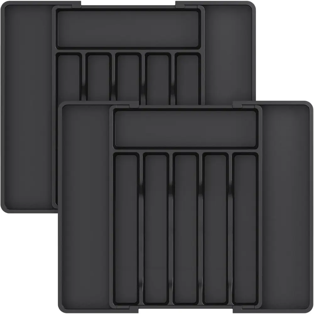 2-Pack Black Foldable Rectangle Expandable Silverware Drawer Organizer - BPA-Free Plastic, 3 Size Options, Edge Design, Compartmentalized Utensil Tray for Kitchen Spoons, Forks, Knives