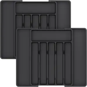 2-Pack Black Expandable Silverware Drawer Organizer Boxes - BPA-Free Plastic Utensil Tray, Adjustable Cutlery Holder for Kitchen Spoons, Forks, Knives
