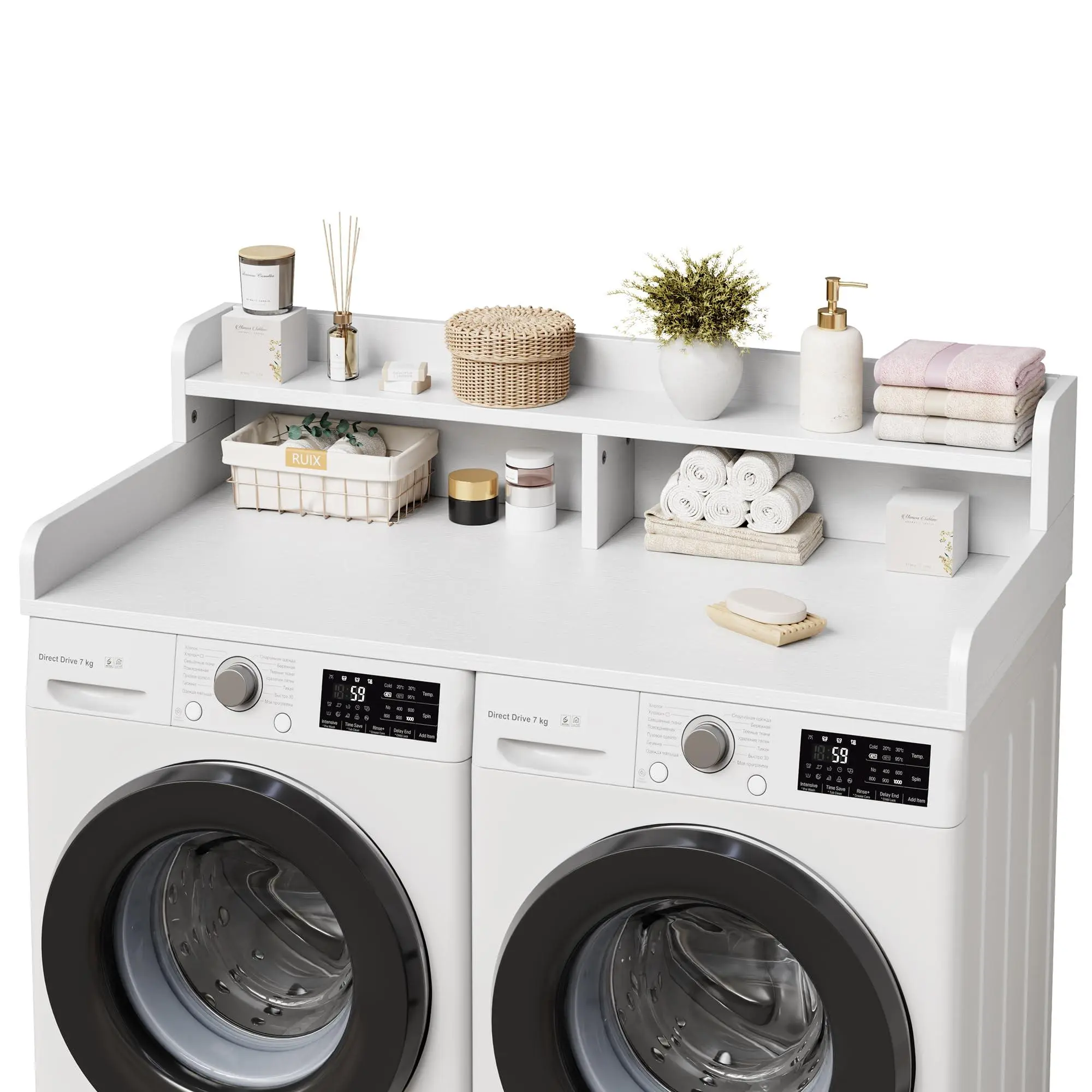 54" Washer Dryer Countertop with 2-Tier Shelf, Wooden Laundry Countertop with Non-Slip Pad and Guard Rails Washer and Dryer Topper for Laundry Room Organization and Storage
