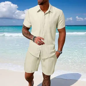 Men's Summer Solid Color Lapel Short-sleeved Shirt Casual Loose Breathable Shorts Suit Men