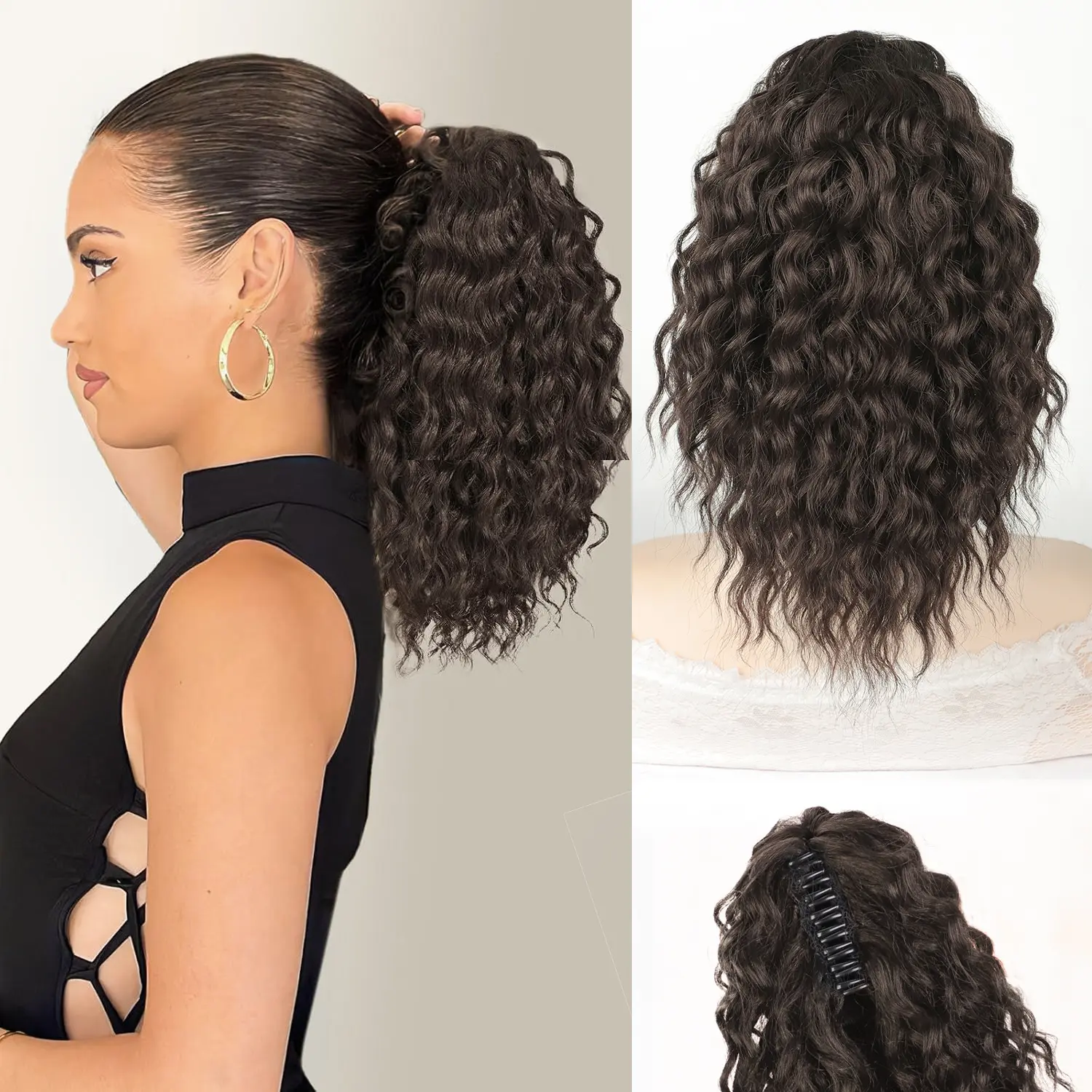 Ponytail Extension 12 Inch Curly Wave, Black Synthetic Fiber Hairpiece with a Secure Claw Clip for Women, for Halloween or an Evening Out, Synthetic Fiber Hair, Curly Wave Extensions, Ponytail Hairstyles