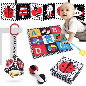 4in1 High Contrast Baby Toys 0-3-6 Months Newborn Essential Toy for Babies Crinkle Sensory Book Brain Development Tummy Time Mirror Infant Carseat Rattle Christmas Stocking Stuffer