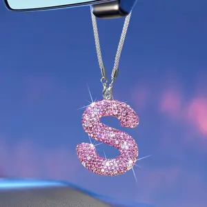 Bling Pink Car Accessories for Women Letter Charm, Rainbow Color Rear View Mirror Cute Crystal Pendant Car Decorations, Lucky Gifts Girly Diamond Rhinestone Charm Interior S