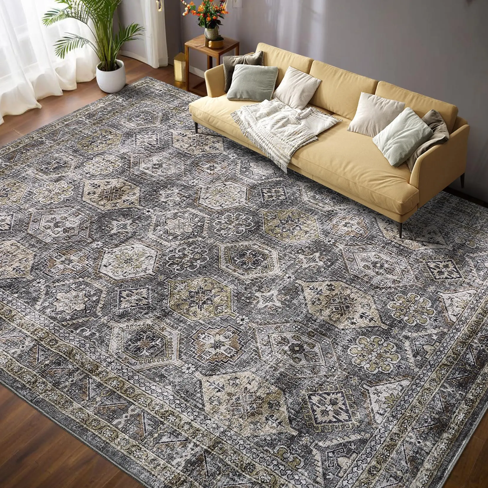 【GARVEE】Large Area Rug 10x13 Machine Washable Non Slip Low Pile Foldable Distressed Vintage Printed Carpet for High Traffic Indoor Areas in Bedroom Living Room Blue Gray