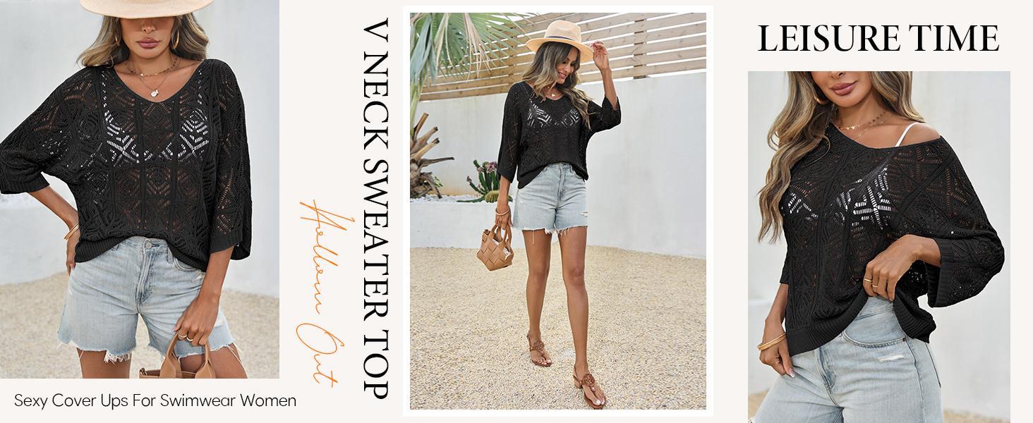 Fisoew Women's Bohemian-Inspired Beige Crochet Top with V-Neck #Springtok #TikTokShopJumpstartSale Casual Chic