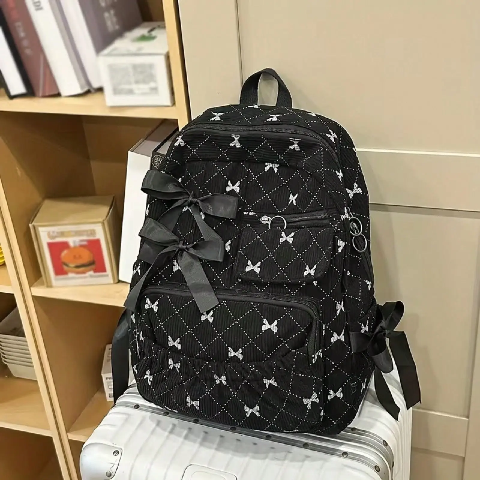 Women’s Cute Corduroy Backpack, Korean Bow Stripe Design Large Capacity Casual School Backpack