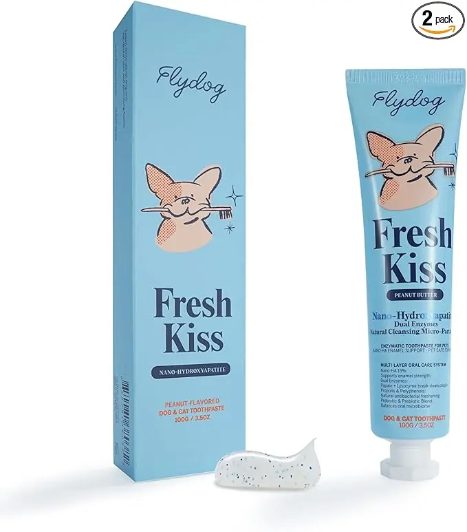 Flydog 2 Pack Fresh Kiss Enzymatic Dog Toothpaste, Nano-Hydroxyapatite & Dual Enzymes with Green Tea, Propolis & Probiotic for Enamel & Plaque, Daily Oral Care for All Breeds(Peanut Butter)