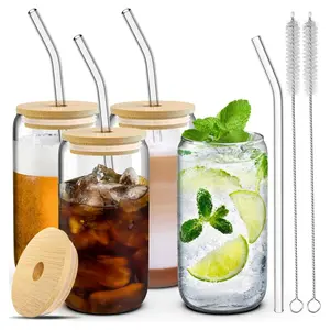 4 Glass Cups with Lids, Straws, and Brushes - 16 oz Drinking Cup Set with Bamboo Lids and Straws for Iced Coffee, Tumblers with Straw and Lid