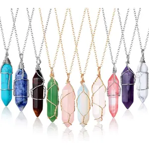 10 Pieces Hexagonal Crystal Pendant Necklace, Natural Quartz Stone Pendant Necklace, Healing Crystal Full Wire Wrap Gemstone Necklace for Women Girls Personalized Angel Wing Photo Necklace Rotating Cross Crown Circle Pendant Necklace