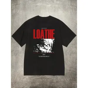S-3XLMen's Black 200g Cotton Crew - Neck Short - Sleeve T - Shirt with "LOATHE" Band - Theme Heat - Transfer Print