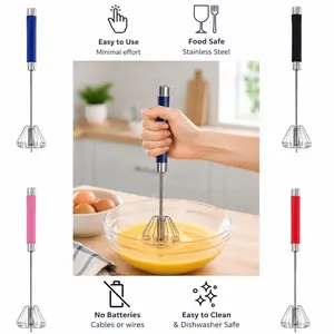 Egg Beater Push Whisk - Handheld Kitchen Mixer for Quick and Efficient Mixing of Eggs and Other Ingredients, Stainless Steel Utensils, Cover