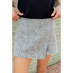 Gray Leopard Print Wrap Front Denim Shorts