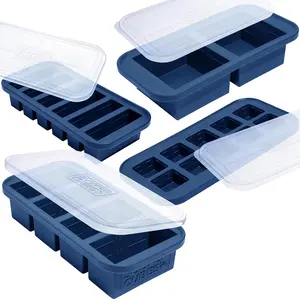 Silicone Freezer Molds Gift Set with 2 Tbsp, 1/2, 1, and 2 Cup Silicone Freezer Trays With Lids - Meal Prep and Kitchen Essentials Bundle - Blueberry