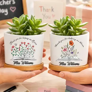 Personalized Teacher Plant Pot Custom Name Succulent Planter Thank You For Helping Me Grow 5 Flower Styles Ceramic Pot With Wood Tray End Of Year Teacher Gift Gift For Teacher Back To School Classroom Desk Decor Custom Teacher Gift Succulent Planter