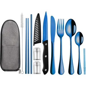 Portable Travel Utensils Set, Utensils,Travel Camping Cutlery Set,Stainless Steel Flatware Set with Case,Lunch Boxes Workplace Camping School Picnic (Blue)