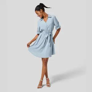 Halara Polyester Collared Roll-Up Sleeve Belted Relaxed Fit Simple Work Shirt Dress with Pocket, Ideal for Casual Wear