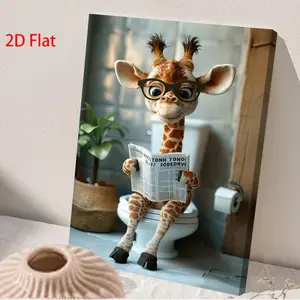 [2D Flat] 1 Piece Interesting Giraffe Reading Newspaper Canvas Painting| 2D flat, framed wall art, perfect for office, kitchen, living room, bedroom, ready to hang, ideal choice for spring and holiday decorations