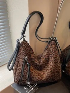 Women's Leopard Print Suede Crossbody Bag, Large Capacity Retro Style Shoulder Bag for Commuting & Daily Use, Stylish Ladies' Accessory, Fashionable Crossbody Bag, Handbag Shoulder Purse