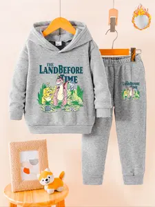 Autumn Winter Boys' Fleece Set & Hoodie Sweatshirt + Jogger Pants, Cartoon Dinosaur Print, Casual Warm for Daily Wear