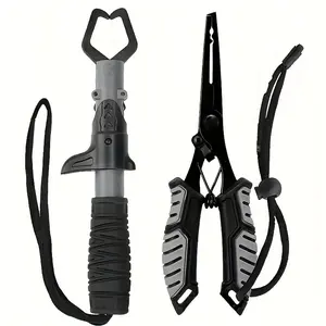 2-Piece Fishing Tool Pliers – Spring Return and Locking Function, Includes Straight Nose Hook, for Freshwater and Saltwater Fishing