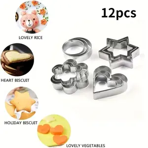 12 piece set of stainless steel biscuit baking molds Cookie Cutters Home - multi shaped hearts, stars, flowers, circles, hearts