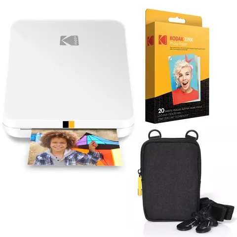 Kodak Step Slim Portable Instant Print Phone Printer Bundle, 2x3 in Detailed Prints, White, 0.9"d x 3.25"w x 4.9"h, 0.24kg, Durable Wireless WiFi Smart Printer for iOS/Android, 20 Sheets Glossy Zink Paper, Storage Bag, Office Mobile Accessory